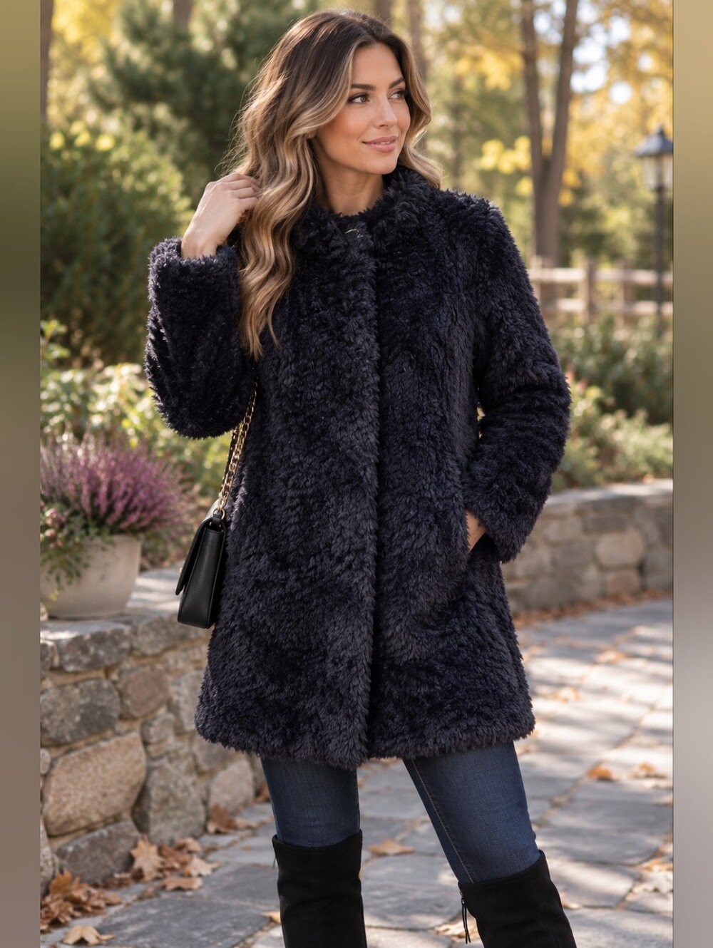 Kenneth Cole New York Women's Black Faux Fur Shaggy Button Coat Jacket Teddy